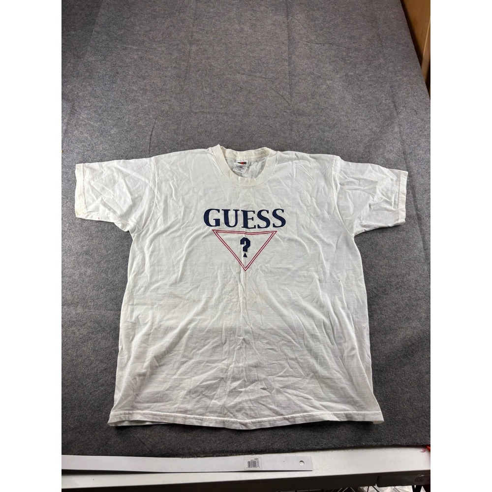 Vintage Guess Jeans Triangle Logo T-Shirt XL Fruit of the Loom 90s THRASHED SEE